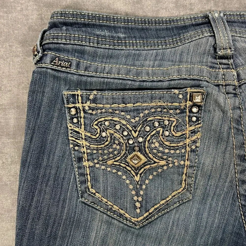 Ariat Denim Embroidered Studded Low Rise Bootcut Jeans Turquoise Wms 29 Western
